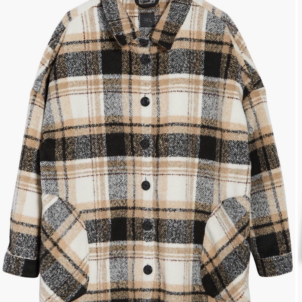 RDI Plaid Button-Up Coat in Cream, Black & Tan size 1X
